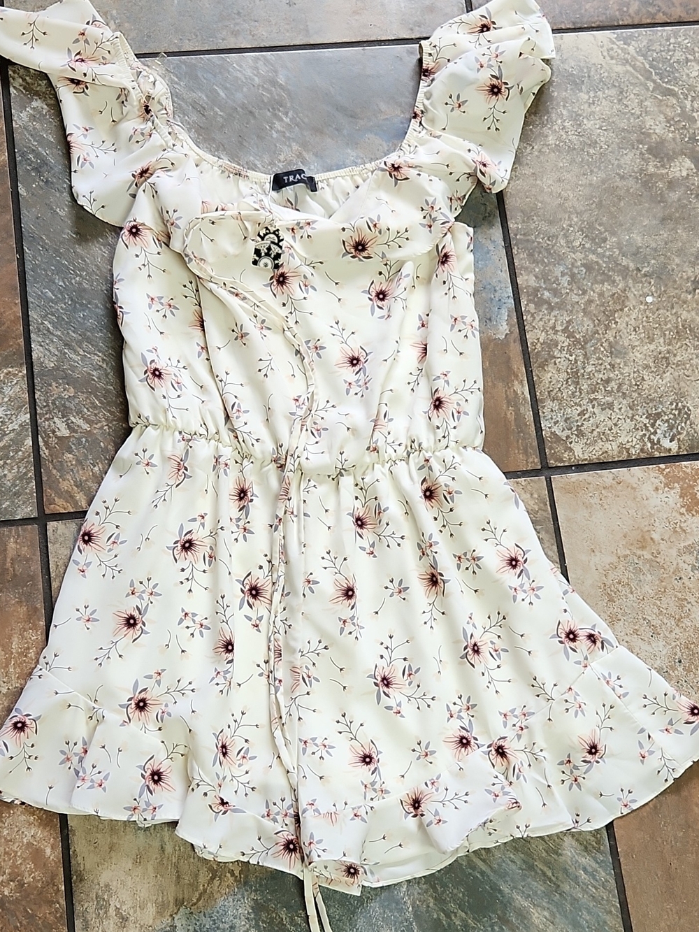 Trac Cream Floral Ruffle Dress with Pink-Brown Flower Print
